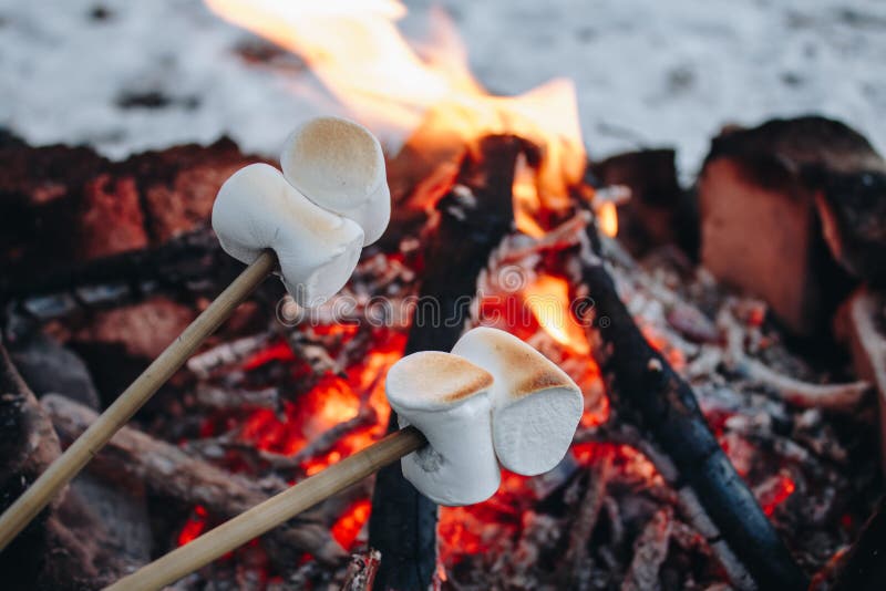Ψημένα marshmallows σε μια πυρκαγιά στο χειμερινό δάσος